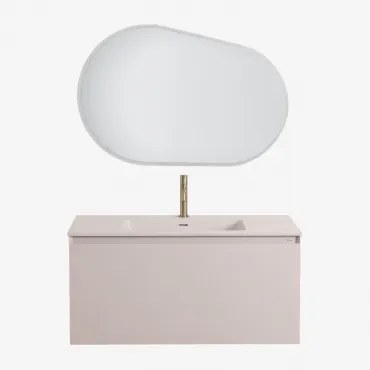 Macrae Zwevend Houten Badkamermeubelset Met Geïntegreerde Wastafel Beige – Linnen & Ovaal Led En Anticondens 100x80 Cm Riben - Sklum