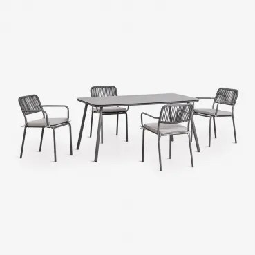 Rechthoekige Tuintafelset 160x90 Cm Met 4 Stapelbare Tuinstoelen Van Gevlochten Touw Arhiza Grijs – Grafiet - Sklum