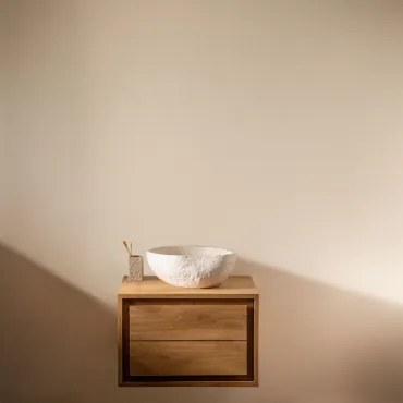 Jabari Zwevend Badkamermeubelset Van Teakhout Teakhout & Onregelmatige In Wit Cement ↔︎40 Cm Fedro & Spiegelloze & Zonder Kraan - Sklum