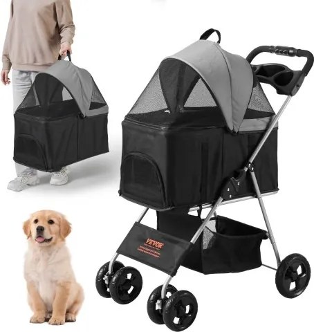 VEVOR Hondenbuggy 79x46x102cm Hondenkar 16kg Laadvermogen Opvouwbare Hondenkar Aluminium Frame 600D Oxford Stof Nylon Gaas Venster 4 EVA Wielen Hondenbench Dierenbuggy Kattenbuggy Huisdierenvervoer