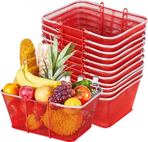 VEVOR Boodschappenmand, 12 stuks, 22 L, Stapelbare metalen mand met handgrepen, Draagmand, Draagvermogen tot 20 kg, Universele mand voor boodschappen, Detailhandel, Winkels, Supermarkten, Boekhandels, Rood