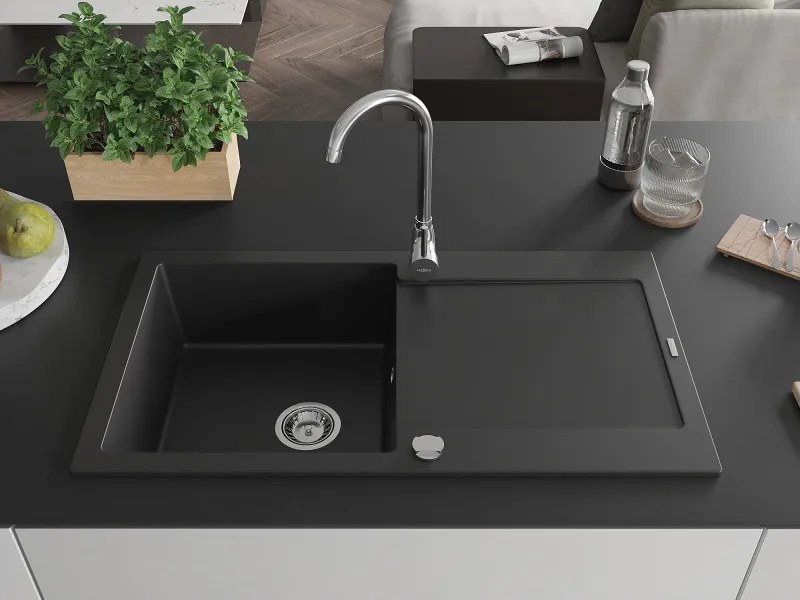 Mexen Leo granitstenen spoelbak met 1 bak en afdruiprek 900 x 500 mm, zwart, chromen sifon - 6501901010-77