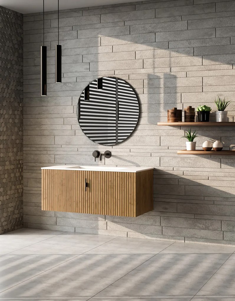 Muebles Raya badmeubel ribbelfront 100cm warm eiken met witte wastafel zonder kraangat