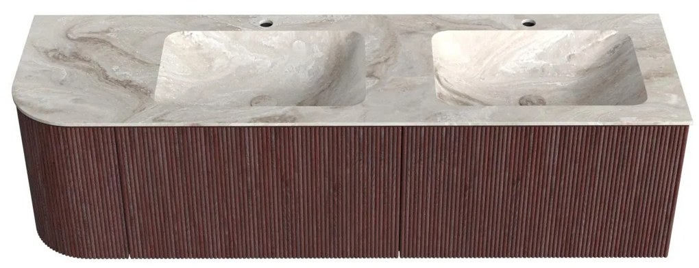 Mondiaz Kurve-dlux 155cm badmeubel ronding links ruby met 2 lades en 1 deur en wastafel leaf dubbel/rechts 2 kraangaten frappe