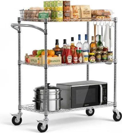 VEVOR 3-laags keukentrolley, robuuste serveerwagen tot 300 kg, rolwagen met in hoogte verstelbare draadplanken en handgreep, metalen schap op wielen voor keuken, garage en wasruimte, 890 x 453 x 1040 mm