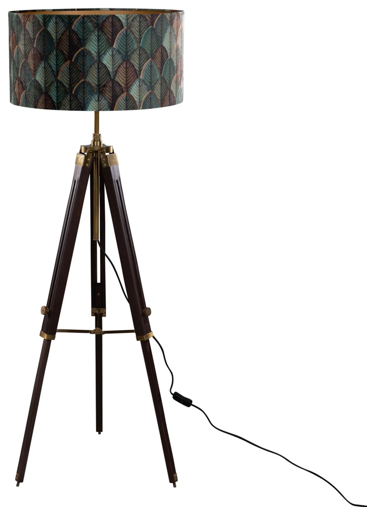 Vloerlamp messing tripod met velours lampenkap blad dessin met gouden binnenkant - Cortin