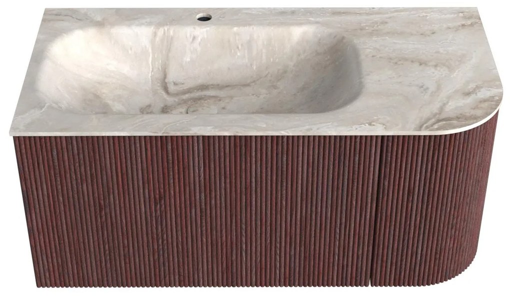 Mondiaz Kurve-dlux 95cm badmeubel ronding rechts ruby met 1 lade en deur en wastafel big small kraangat links frappe