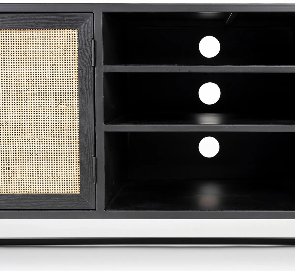 Japandi Tv-meubel Zwart Met Rotan - 150x38x55cm.