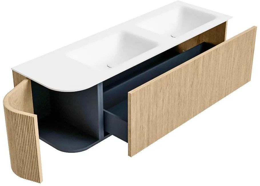 Mondiaz Kurve 145cm badmeubel ronding links oak met 1 lade en deur en wastafel cloud dubbel/rechts 2 kraangaten