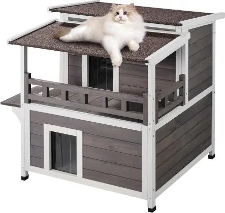 VEVOR Buitenkattenhuis, weerbestendig schuilhok voor wilde katten voor meerdere katten, groot houten buitenkattenhuis met twee verdiepingen, balkon, deuren, PVC-deurkleppen en open dak, 76 cm L x 76 cm B x 81 cm H