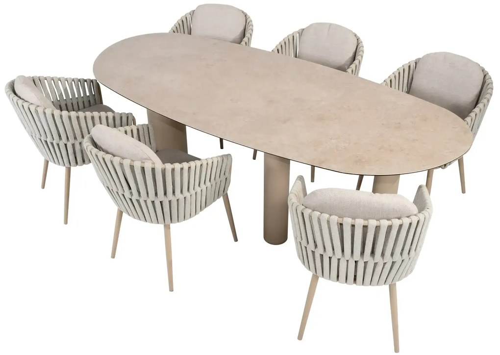 Taste by 4 Seasons Eva tuinset latte met Denia tafel latte met geprint keramisch blad 240 cm SALE Tuinset beige weerbestendig