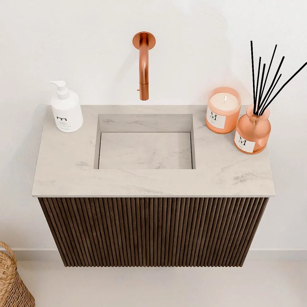 Mondiaz Joya DLux 50cm toiletmeubel walnut met wastafel faye links zonder kraangat opalo