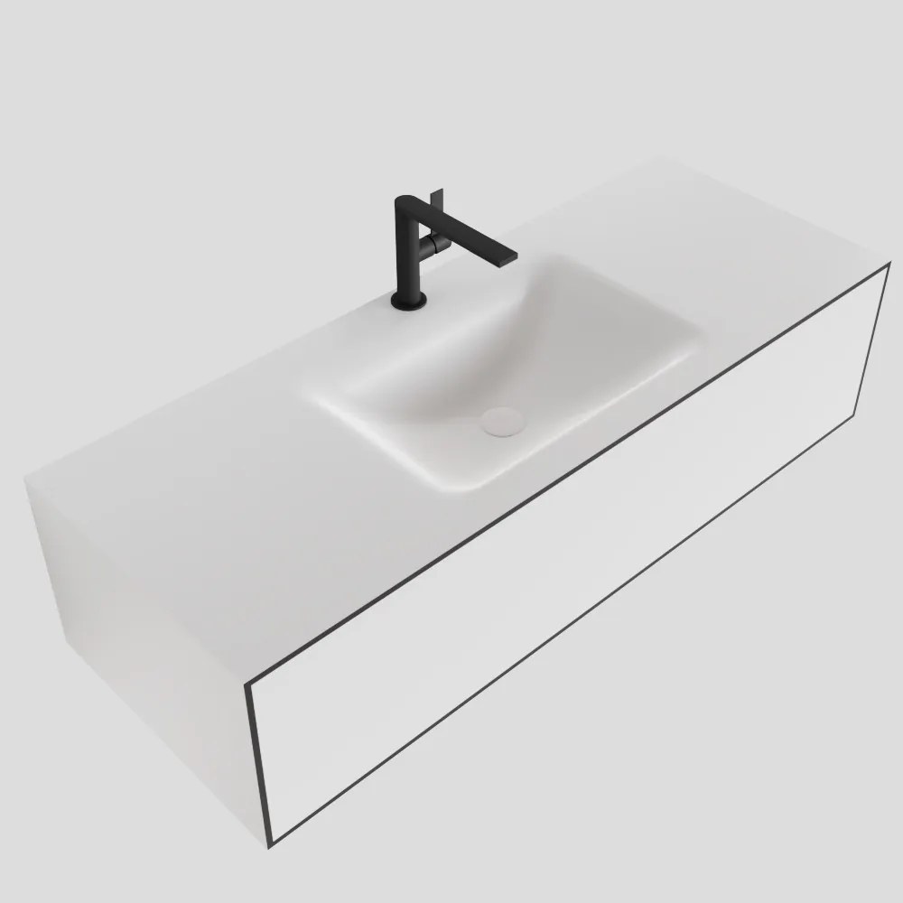 Zaro Lagom volledig naadloos solid surface onderkast 120cm mat zwart met 1 lade Push tot open. Compleet met solid surface wastafel met 1 kraangat(en)