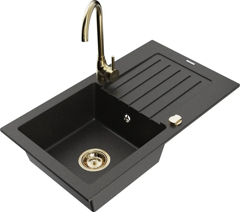 Mexen Pablo granieten spoelbak 1-komor met afdruiprek en keukenmengkraan Telma, zwart/goud - 6510-75-670200-50