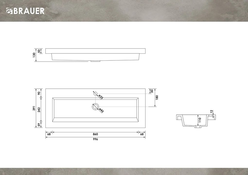 Brauer Spring wastafel mineraalmarmer 100cm met 1 kraangat wit glans