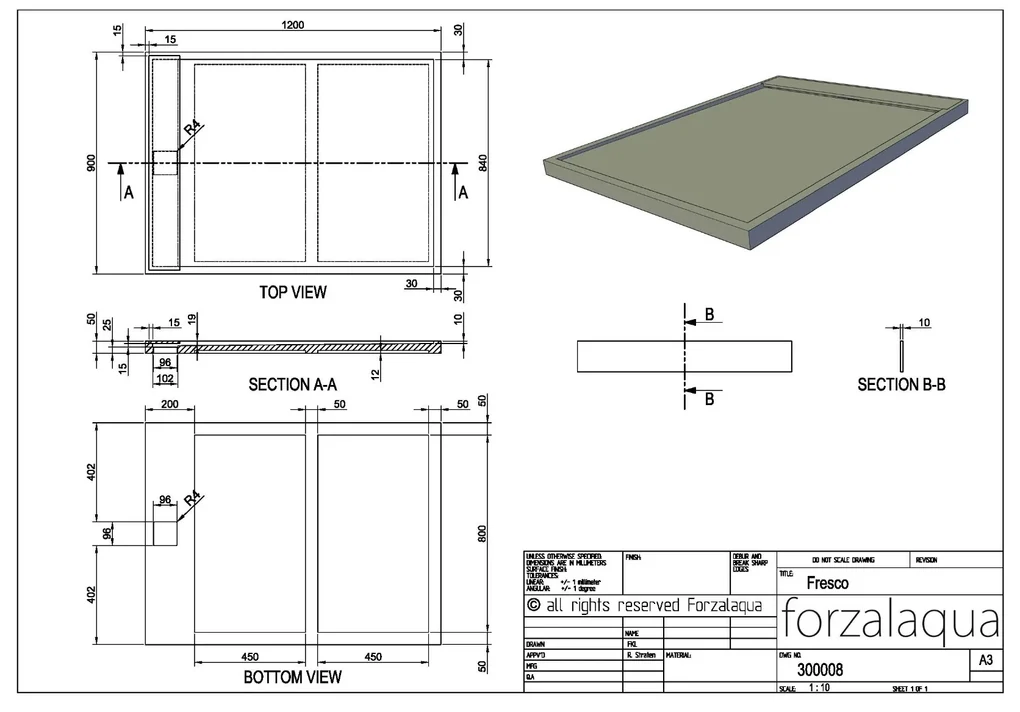 Forzalaqua Fresco douchebak 120x90cm graniet met afvoerputje RVS