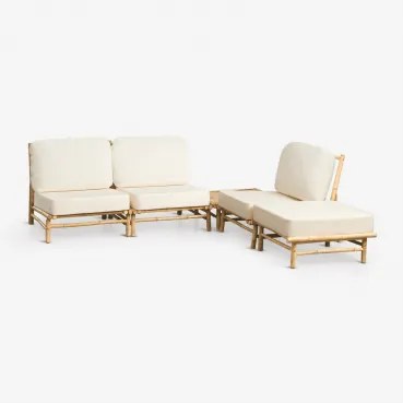 Tuinset Met 3-delige Modulaire Bank, Poef En Vierkante Salontafel 75x75 Cm Van Bamboe Isendra Stof Wit - Sklum