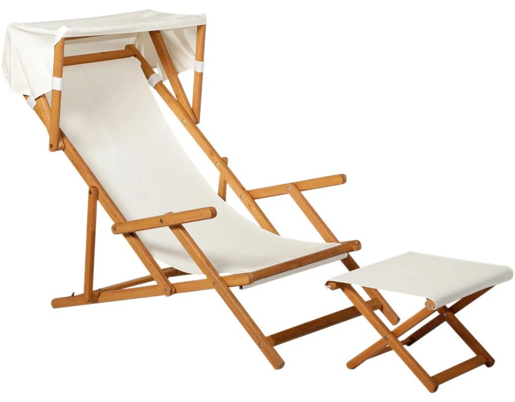 Sunny Standligstoel Riviera met voetensteun en schaduwdoek opvouwbaar hout wit 161 x 72 x 68 cm