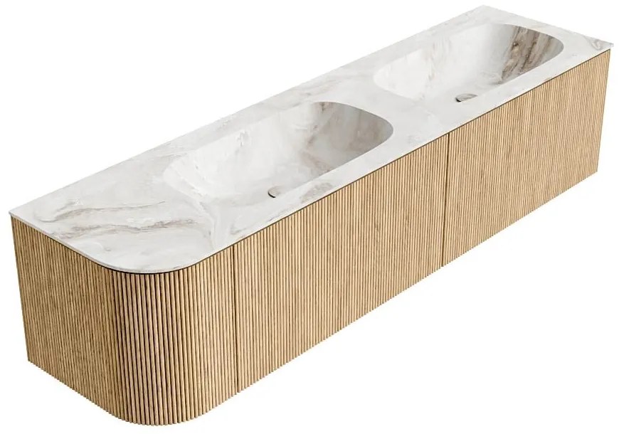Mondiaz Kurve-dlux 175cm badmeubel ronding links oak met 2 lades en 1 deur en wastafel stor small dubbel/rechts 2 kraangaten frappe