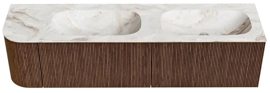 Mondiaz Kurve-dlux 175cm badmeubel ronding links walnut met 2 lades en 1 deur en wastafel stor small dubbel/rechts 2 kraangaten frappe