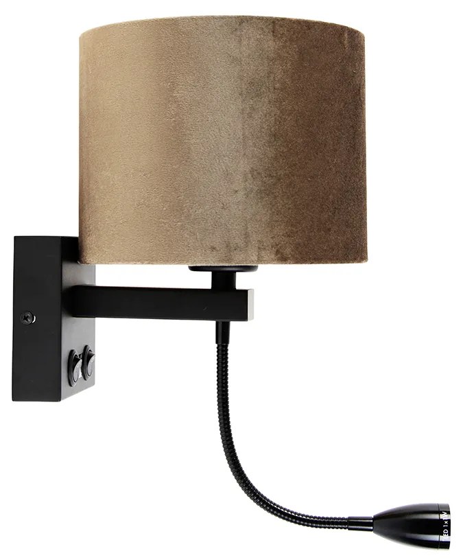 Wandlamp zwart met velours kap bruin 18cm - Brescia Klassiek / Antiek, Modern E27 rond Binnenverlichting Lamp