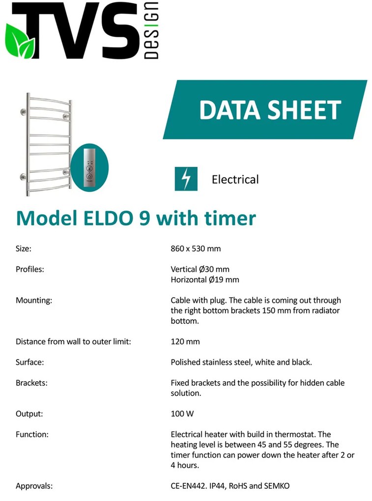 TVS Design Eldo 9 gebogen elektrische radiator RVS 120W 86x53cm