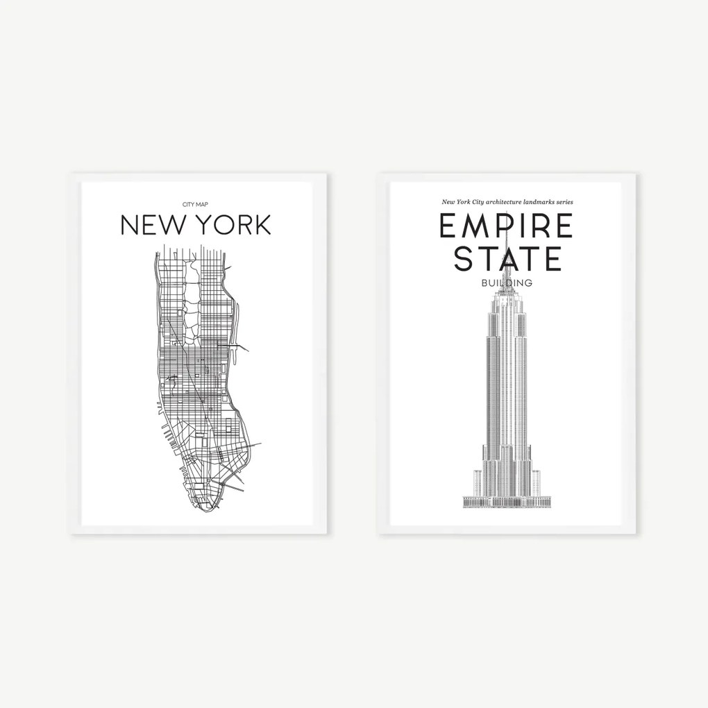 Location & Landmark New York Map, A2, ingelijste print, zwart en wit