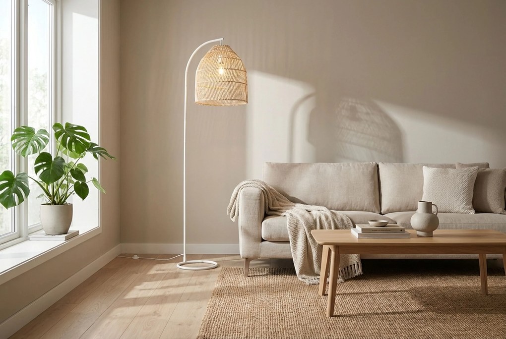 Landelijke Vloerlamp Wit Met Rotan - Sam Staal Wit