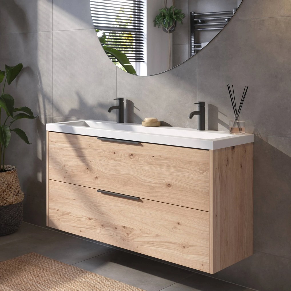 Saqu Lima ondiep badmeubel incl. glans witte wastafel met 2 kraangaten 120x40x64cm naturel eiken – mat zwarte greep