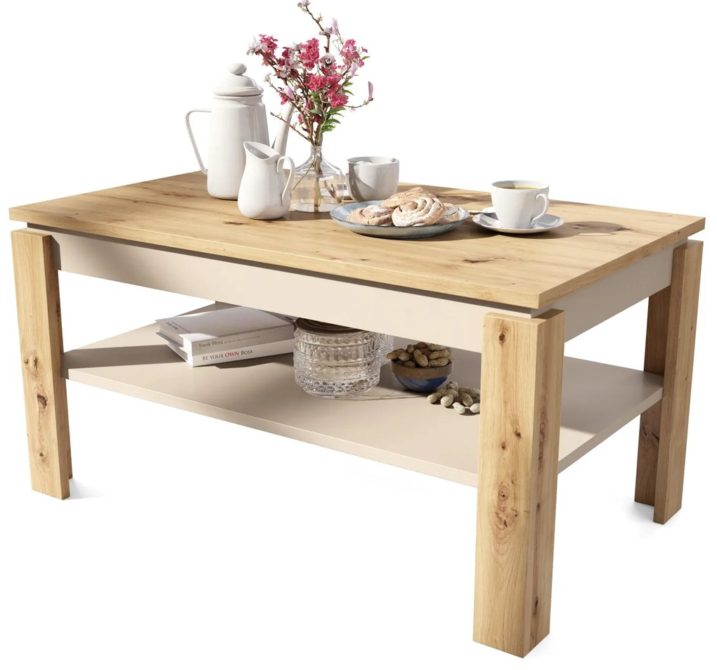 ASTI-P eiken artisan / beige - moderne salontafel met hefblad