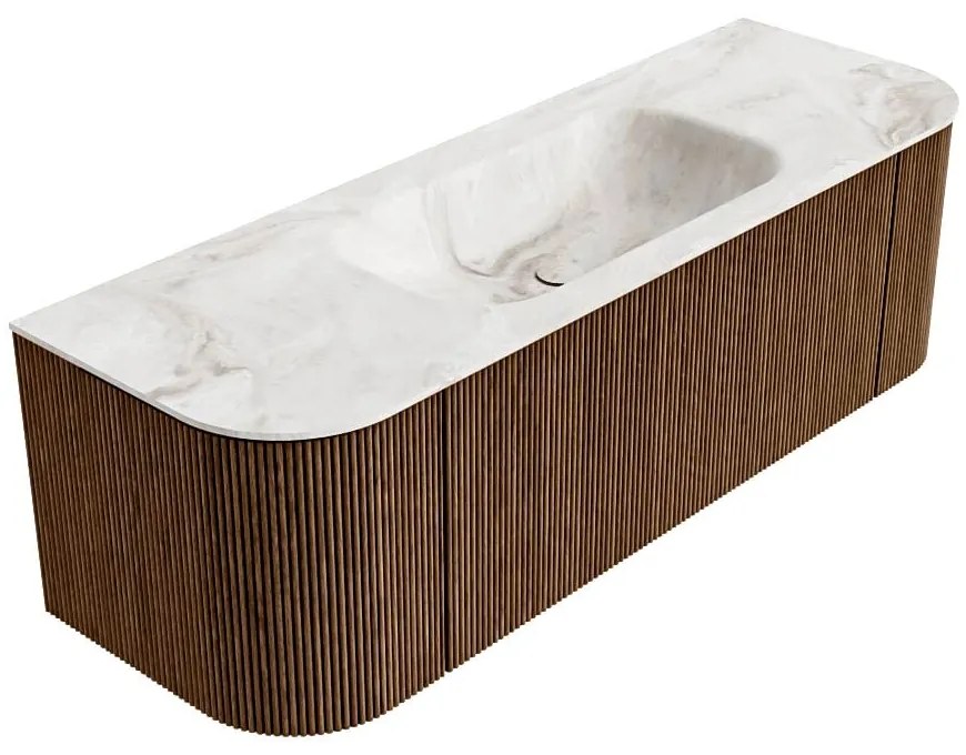 Mondiaz Kurve-dlux 140cm badmeubel ronding links/rechts walnut met 1 lade en 2 deuren en wastafel big small midden 1 kraangat frappe