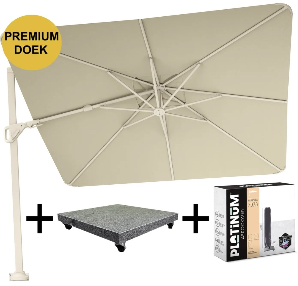 Nexus T2 premium zweefparasol 300x300 cm sand stone mast Champagne met parasolvoet 90kg en hoes