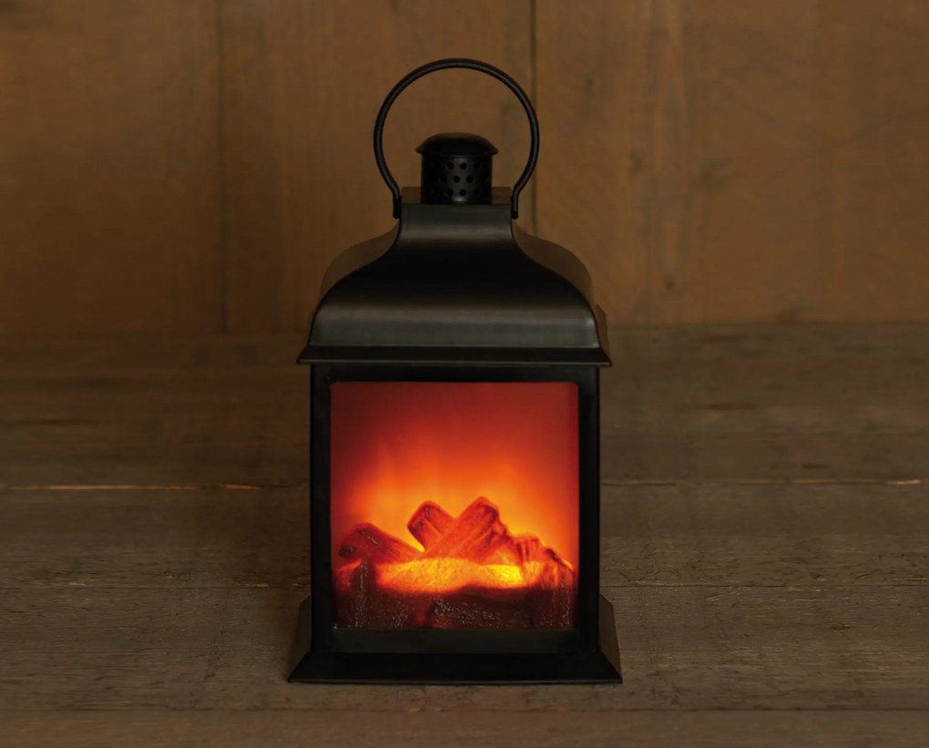 Lantaarn met haard - zwart - L15 x B12 x H23,5 cm - ledverlichting met vlameffect - met timer - werkt op batterijen