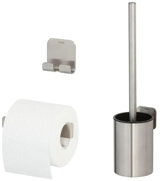 Tiger Colar Toilet Accessoireset - toiletrolhouder - zonder klep - toiletborstelhouder - handdoekhaak - zelfklevend - geborsteld RVS 1314400901