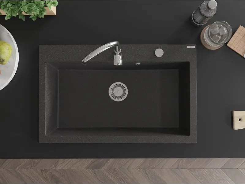 Mexen Elix granieten gootsteen 1-komorige 800 x 500 mm, zwart gespikkeld, sifon chroom - 6527801005-76