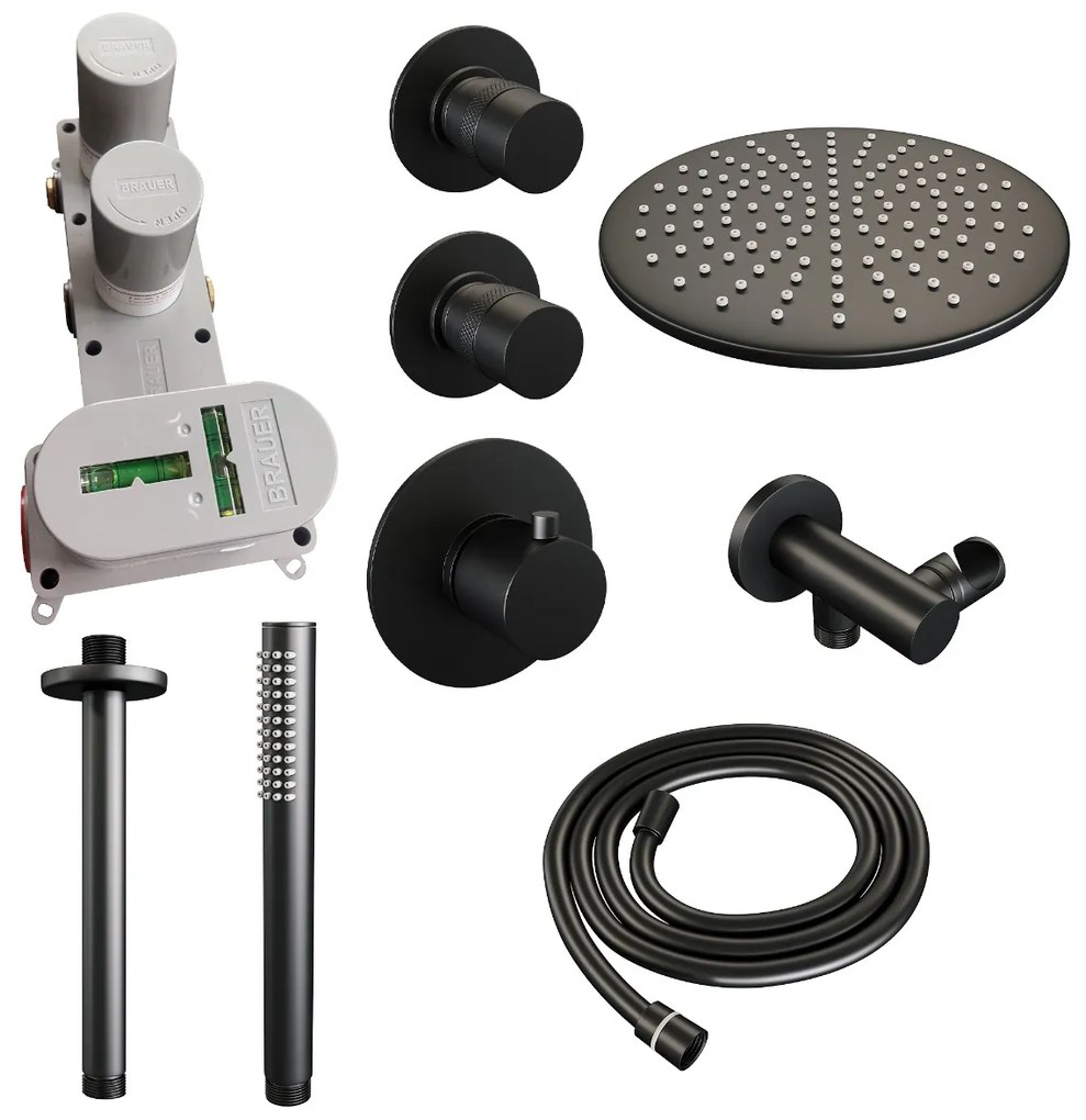 Brauer Black Edition complete inbouw regendouche met staafhanddouche, plafondarm en hoofddouche 30cm set 6 zwart mat