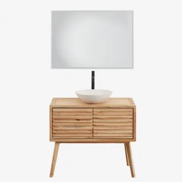 Deleyna Houten Badkamermeubelset Natuurlijk Hout & Rond Cement Wit Ø40 Cm Zavion & Rechthoekige Led En Anticondens 100x70 Cm Riben & Mat - Sklum