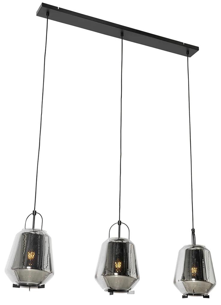 Eettafel / Eetkamer Hanglamp zwart met smoke glas 23 cm langwerpig 3-lichts - Kevin Art Deco E27 Binnenverlichting Lamp