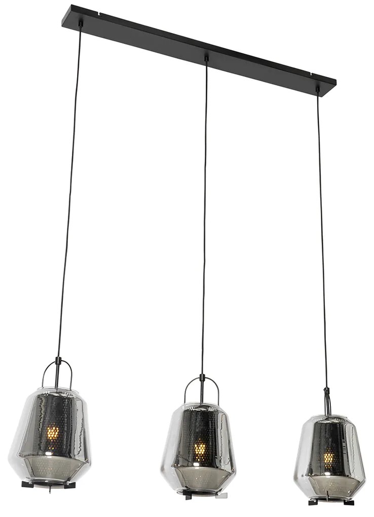 Hanglamp zwart met smoke glas 23 cm langwerpig 3-lichts - Kevin