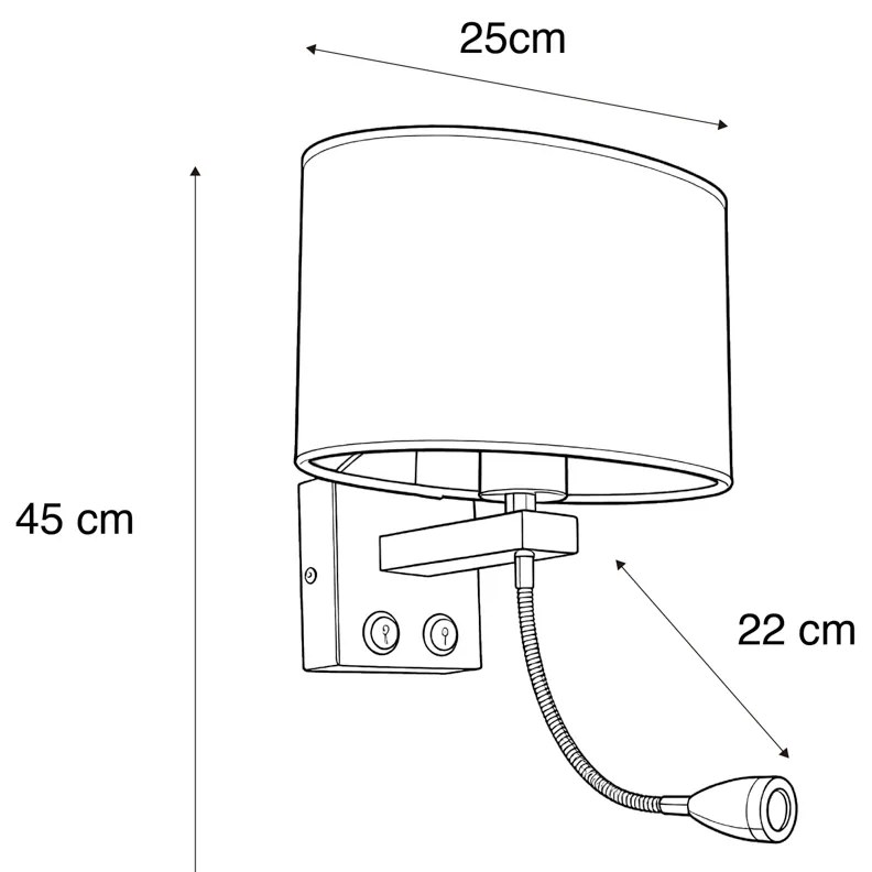 Wandlamp staal met ovale velours kap zwart 25cm - Brescia Combi