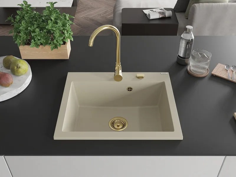 Mexen Elix granieten spoelbak 1-komers 600 x 500 mm, beige, gouden sifon - 6525601005-69-G