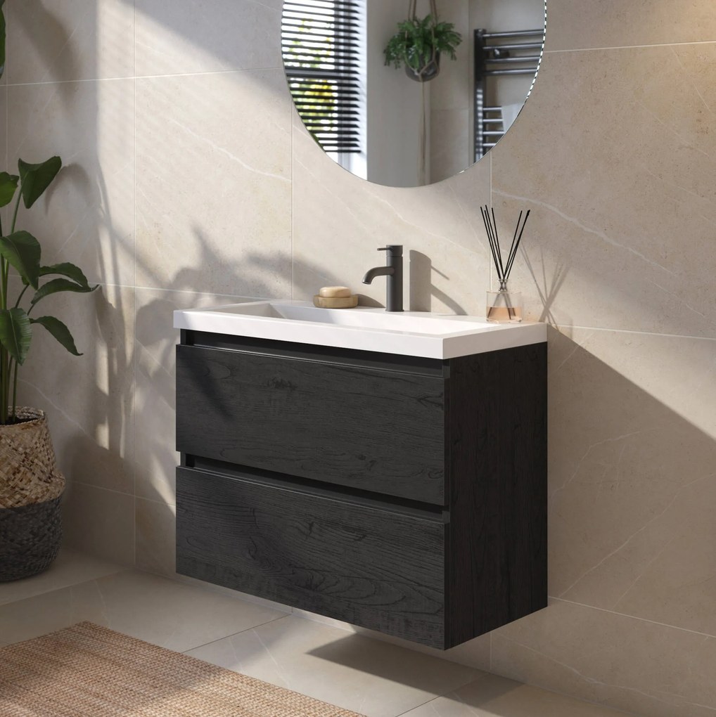 Saqu Gaia ondiep badmeubel incl. glans witte wastafel 80x40x64cm eiken zwart – zwarte greeplijst