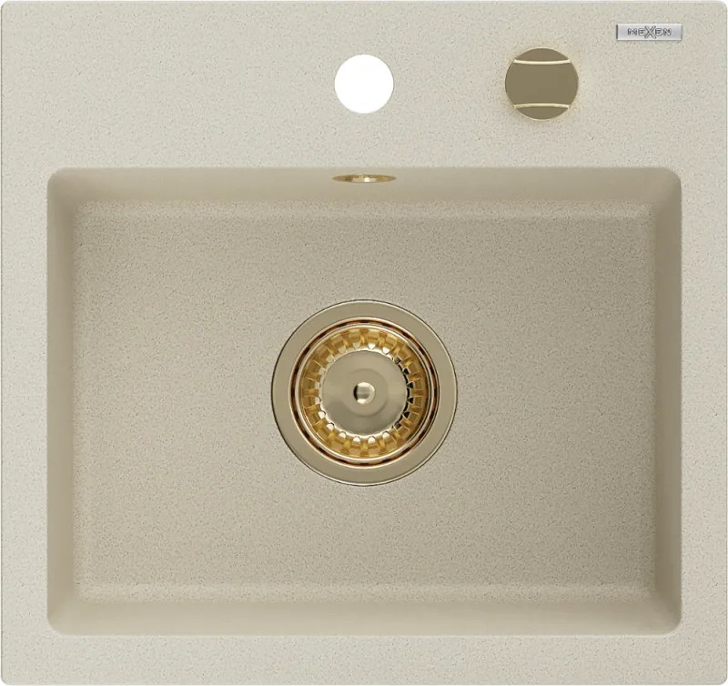 Mexen Milo granieten spoelbak 1-kompartment 435 x 410 mm, beige, gouden sifon - 6505441000-69-G