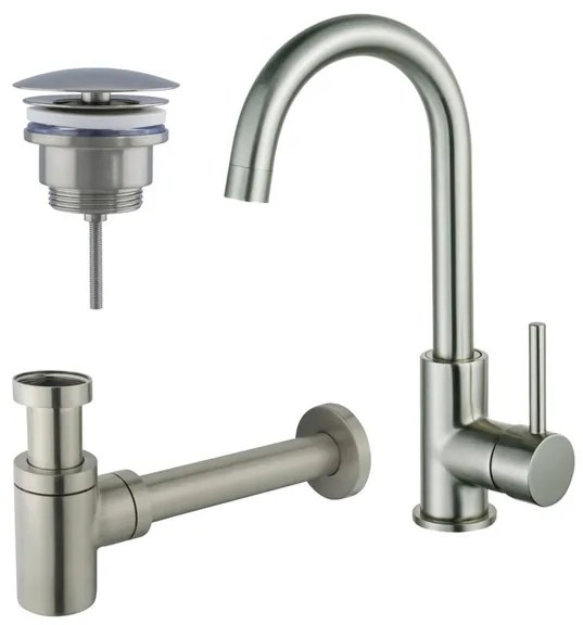 Fortifura Calvi Wastafelkraanset - hoge wastafelkraan - draaibare uitloop - always open plug - verlaagde design sifon - Geborsteld RVS PVD (RVS) SW809348/SW696207/SW696217