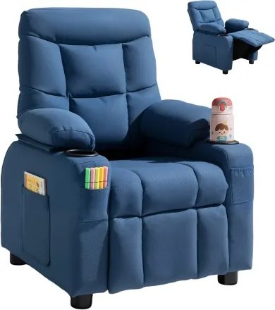 VEVOR Kinderfauteuil met bekerhouders en zakken, 107° tot 126° verstelbare rugleuning, ademend polyesterweefsel, relaxfauteuil met voetenbankje, voor jongens en meisjes (blauw)