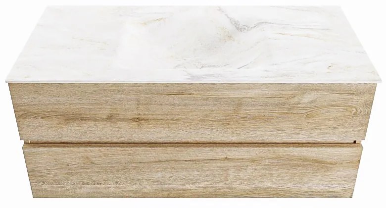 Mondiaz Vica DLux badmeubel 110cm washed oak 2 lades met wastafel ostra midden 1 kraangat