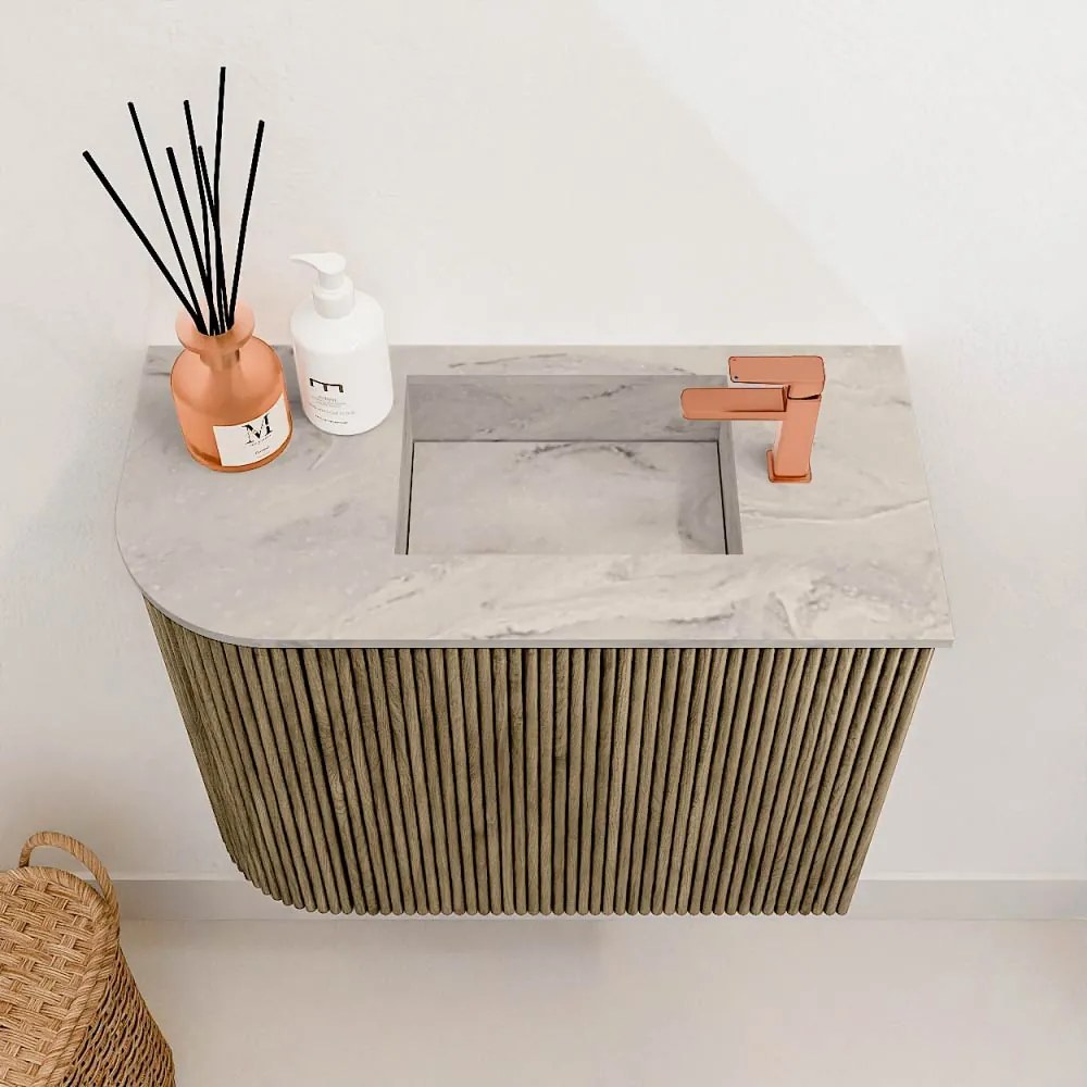 Mondiaz Joya DLux 50cm toiletmeubel ronding links dusk met wastafel faye rechts 1 kraangat glace