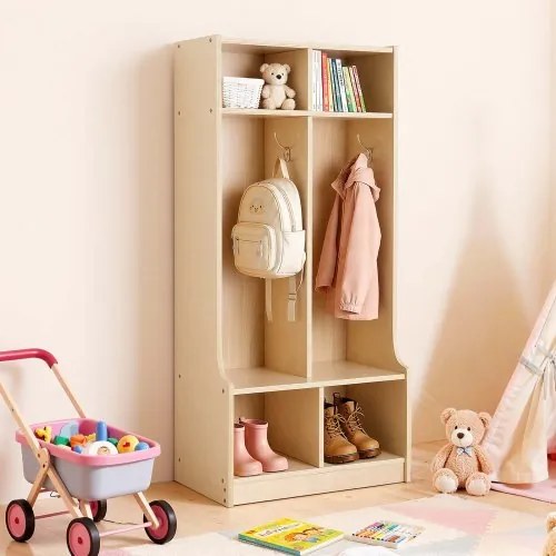 VEVOR Open Kinderkledingkast van multiplex, Kinderkledingkast met 4 haken en 6 vakken (2 grote + 4 kleine), kledingkastplank en opbergplank voor kinderkamer, thuis, kleuterschool, kinderdagverblijf