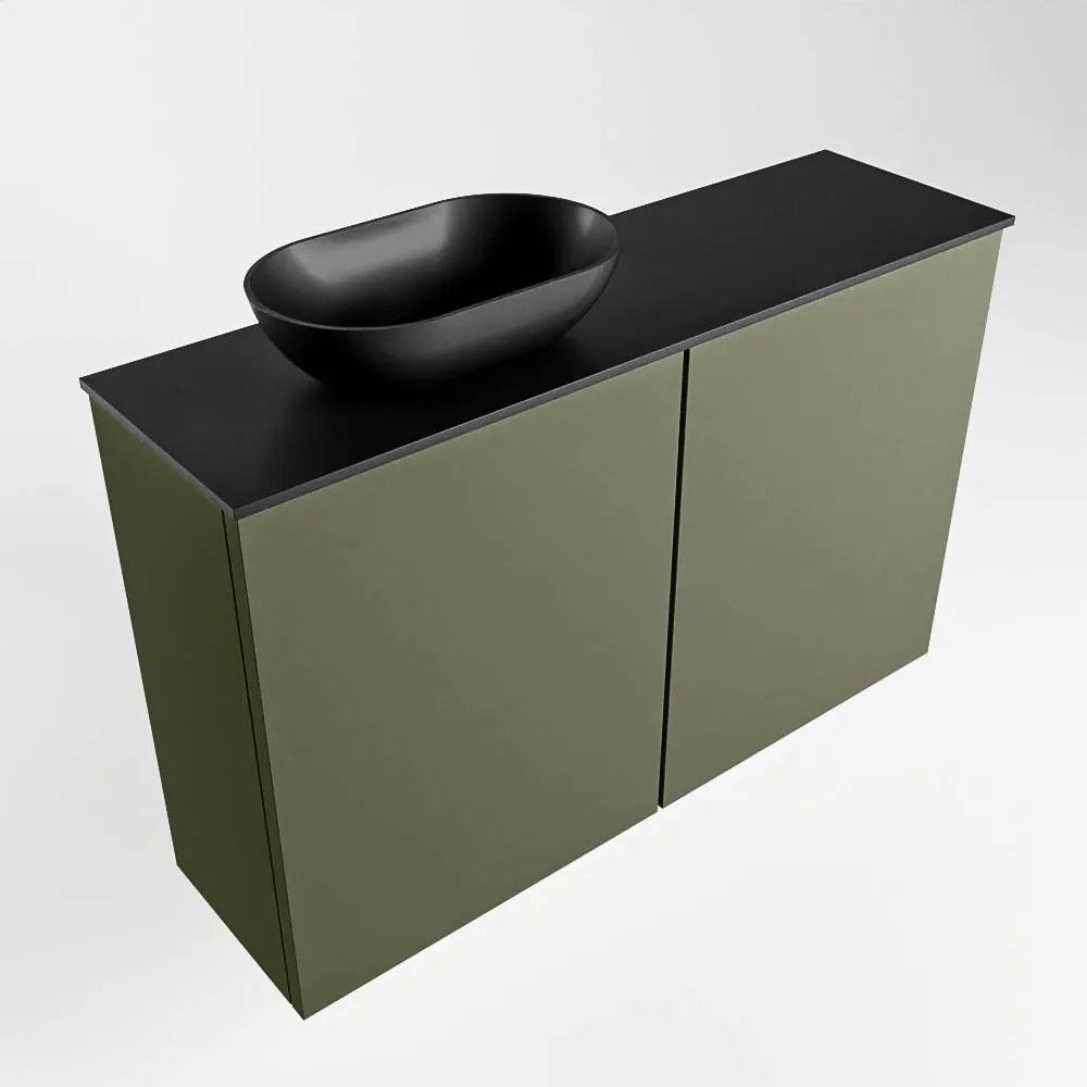 Mondiaz Fowy toiletmeubel 80cm army met zwarte waskom links en kraangat