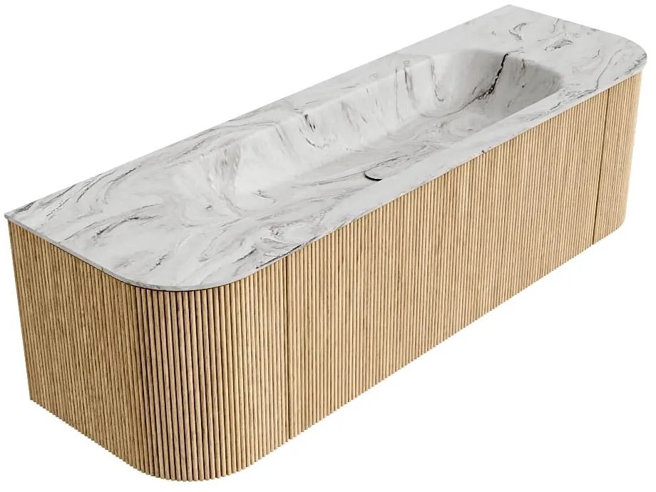Mondiaz Kurve-dlux 150cm badmeubel ronding links/rechts oak met 1 lade en 2 deuren en wastafel big medium midden 1 kraangat glace